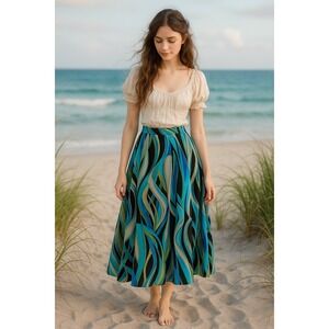 Boho‎ Beachy Summer Vacation Blue Turquoise Ocean Abstract Flowy S Maxi Skirt